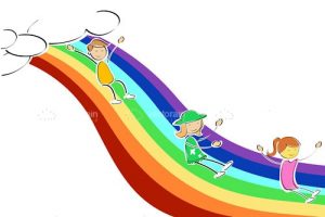 Kids sliding on rainbow